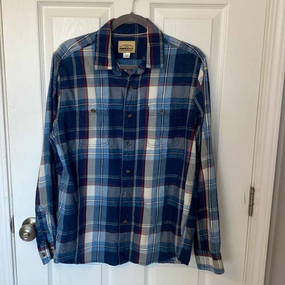 Roebuck & Co. - blue plaid button down shirt- size medium